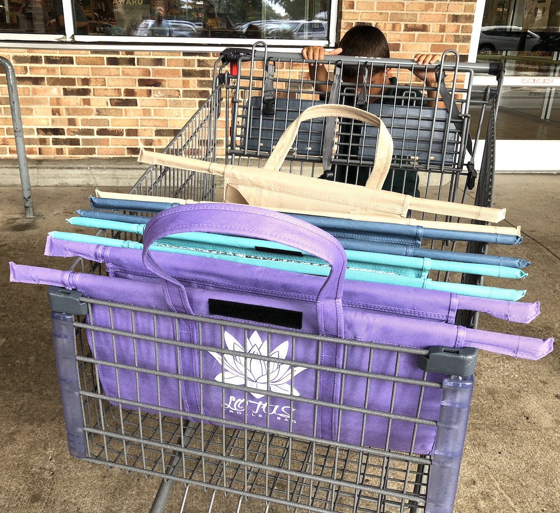 Tips for easy trips to the grocery store with kids! Lotus Trolley Bag is definitely our favorite way to grocery shop! #lotustrolleybag #gogreen #noplastic #plasticfree #shoppingwithkids #pareningtips #parenting #mommyblog #familylifestyle